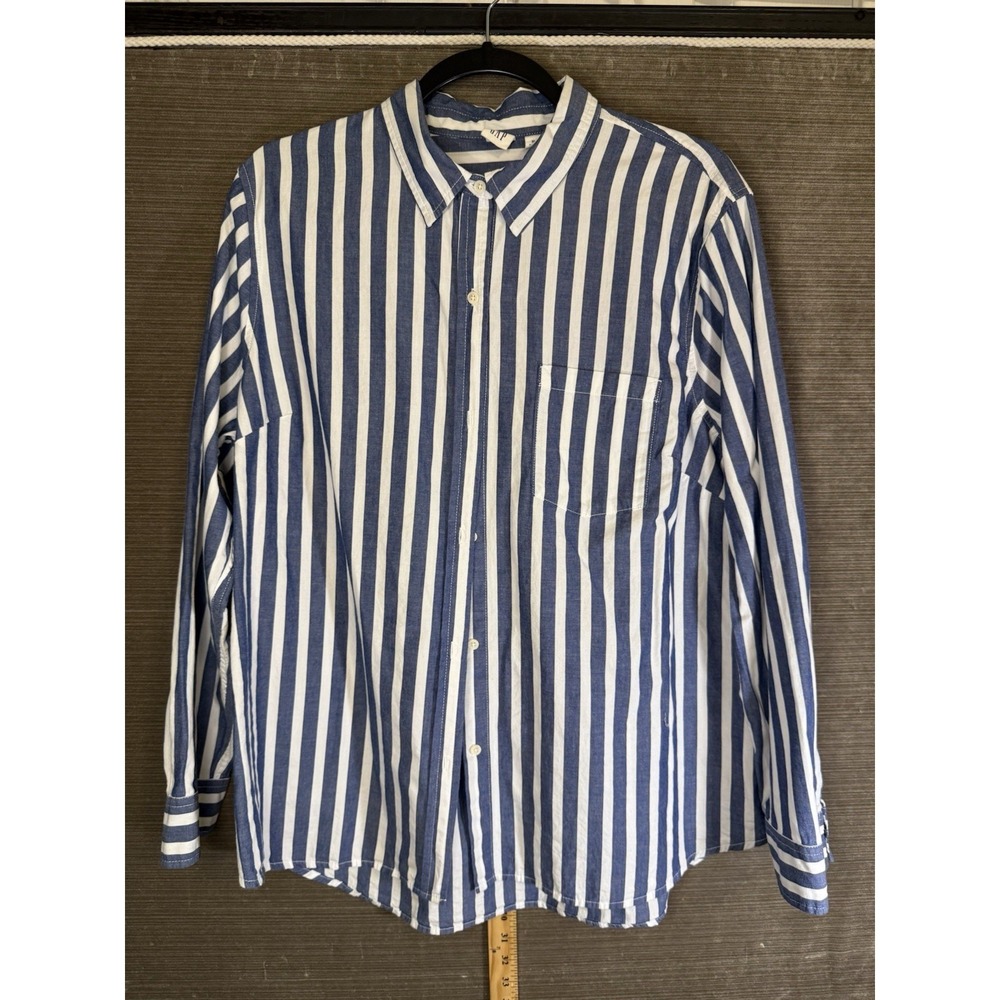 GAP Women's Blue/White Striped Button-Up Collared Long Sleeve Pocket Shirt XL